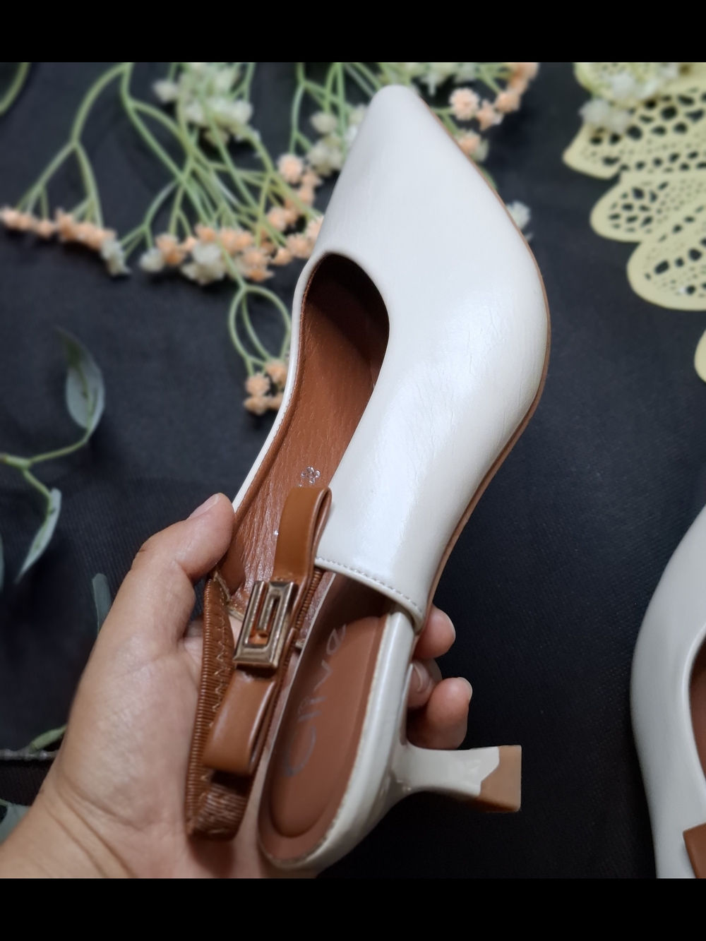 White Pointed Slingback Flats with Tan Accent - Picture 5 of 8